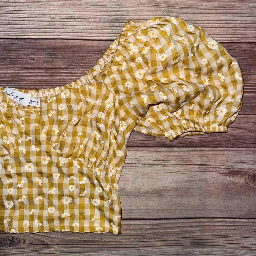 Petal & Pup Gingham Daisy Floral Midle Puff Sleeve Corset Crop Top Size 2 - Picture 3 of 8